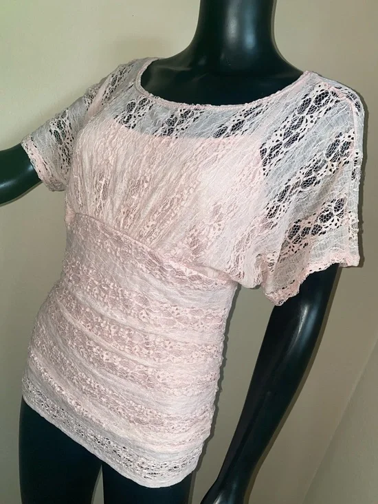 HeartSoul Y2K Darling Blush Pink Lace Short Sleeve Blouse - Picture 5 of 14